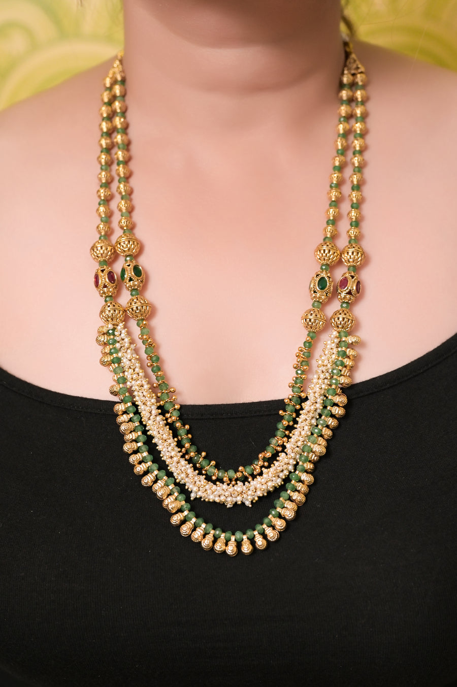 Golden, Green and White Faux Cluster Pearl Three Layer Royal Necklace Set