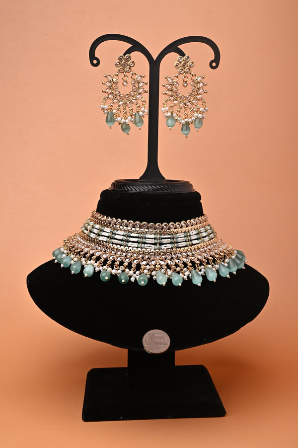 Golden Metal Marwar Wedding Necklace Set with Monalisa Stone and AD Stone Work