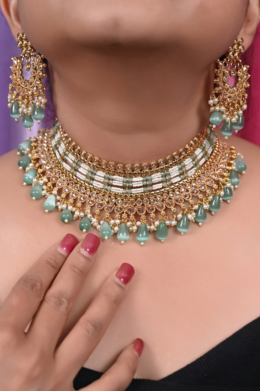 Golden Metal Marwar Wedding Necklace Set with Monalisa Stone and AD Stone Work