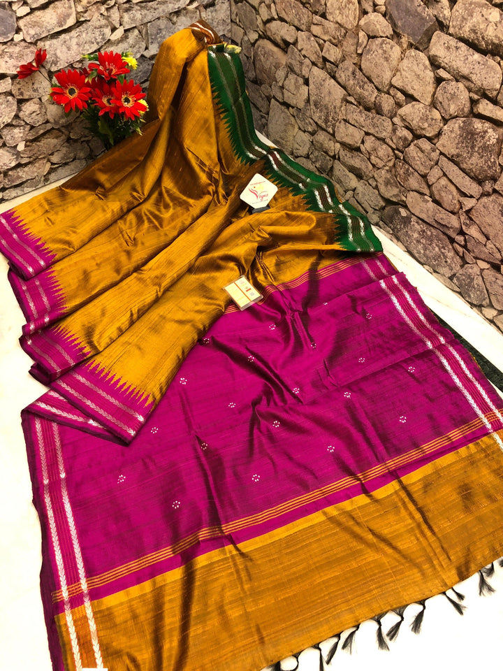 Golden Mustard and Magenta Color Pure Raw Silk with Ganga Jamuna Style Vidarbha Border