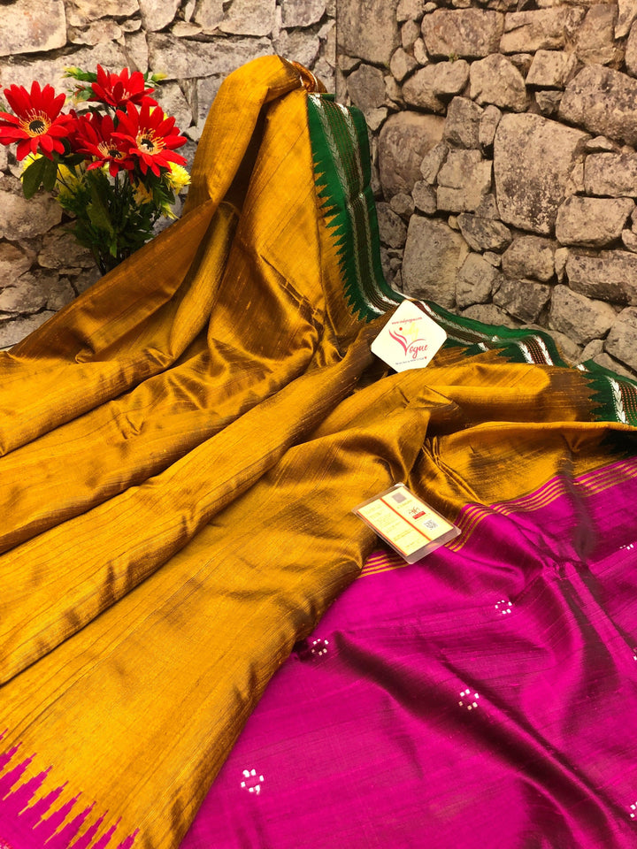Golden Mustard and Magenta Color Pure Raw Silk with Ganga Jamuna Style Vidarbha Border