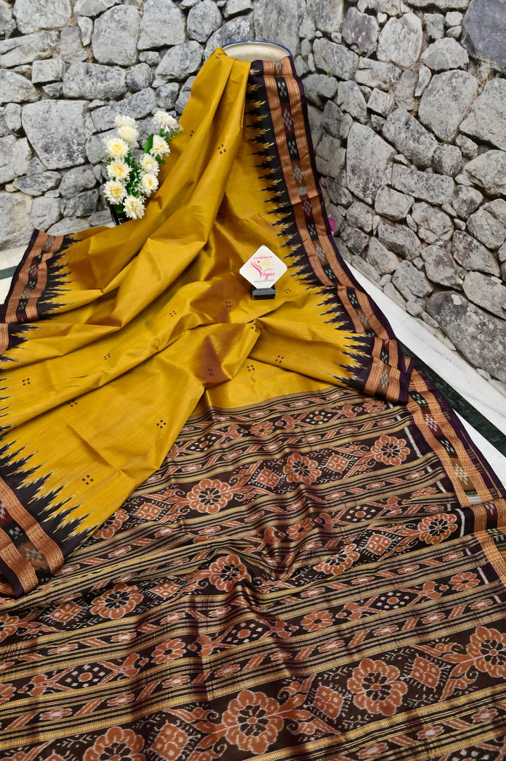 Golden Mustard Color Sambalpuri Silk Saree with Temple Border