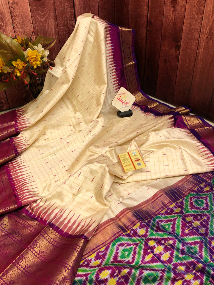 Golden Offwhite Color Pure Ikat Silk with Kanchi Border with Checks