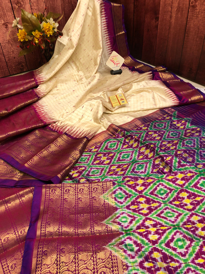 Golden Offwhite Color Pure Ikat Silk with Kanchi Border with Checks