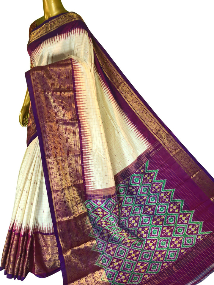 Golden Offwhite Color Pure Ikat Silk with Kanchi Border with Checks