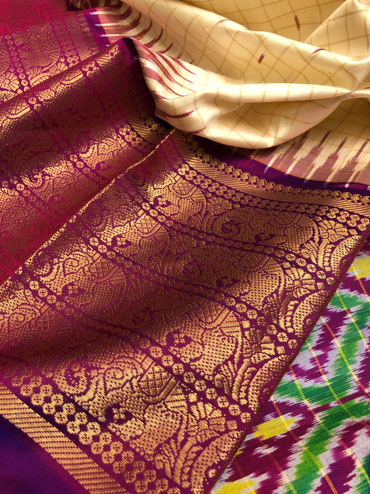 Golden Offwhite Color Pure Ikat Silk with Kanchi Border with Checks