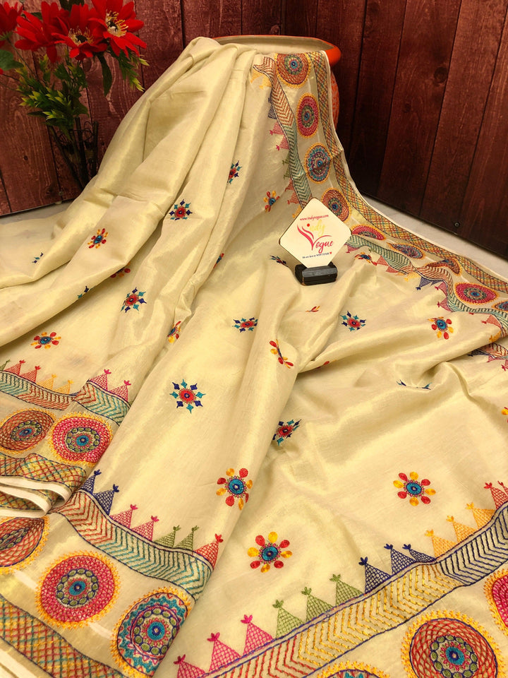 Golden Offwhite Color Tissue Cotton Designer Saree with Lambani Embroidery