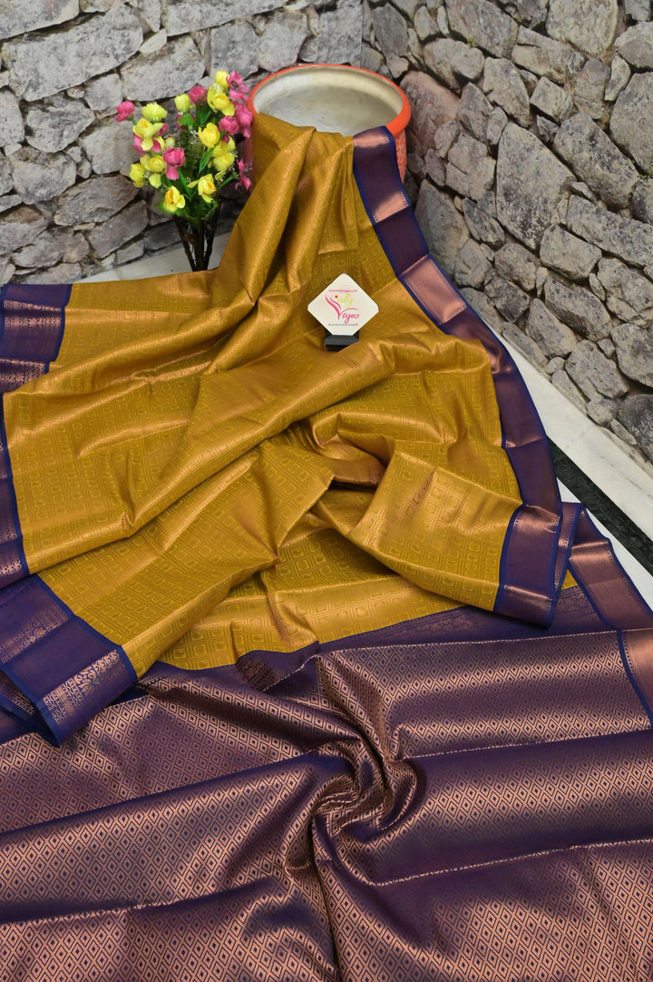 Golden Pista and Blue South Silk with Brocade and Copper Zari Check Pattern Work