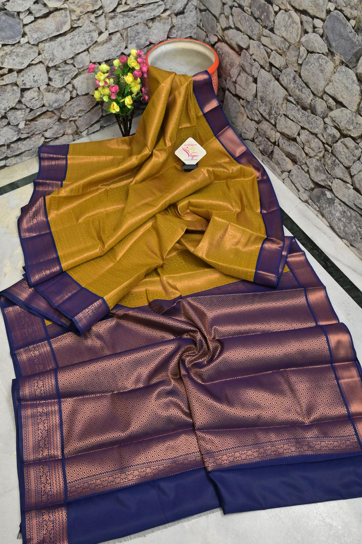 Golden Pista and Blue South Silk with Brocade and Copper Zari Check Pattern Work