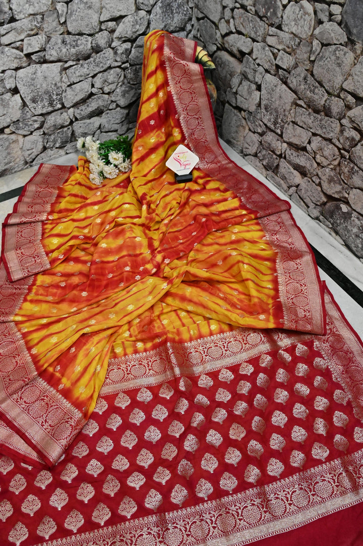 Golden Yellow and Red Color Georgette Chanderi Banarasi Saree with Tie and Dye Work