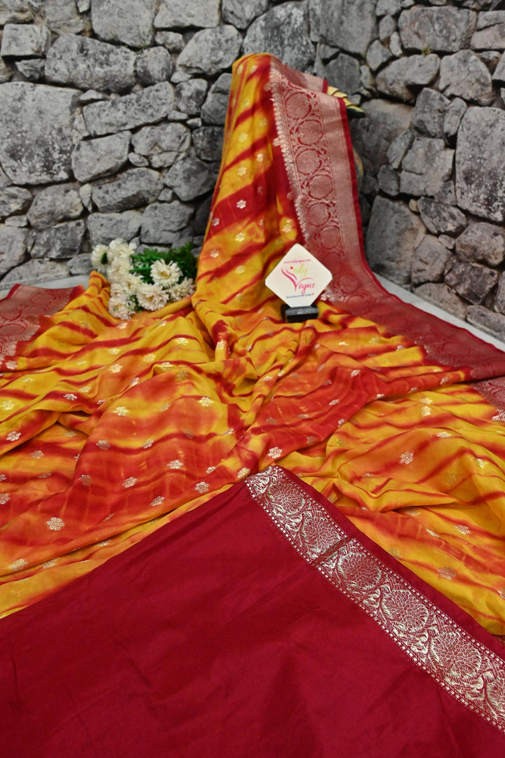 Golden Yellow and Red Color Georgette Chanderi Banarasi Saree with Tie and Dye Work