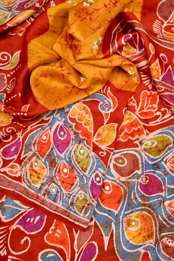 Golden Yellow and Red Color Pure Bishnupur Silk Saree with Hand Batik and Gujrati Embroidery Work