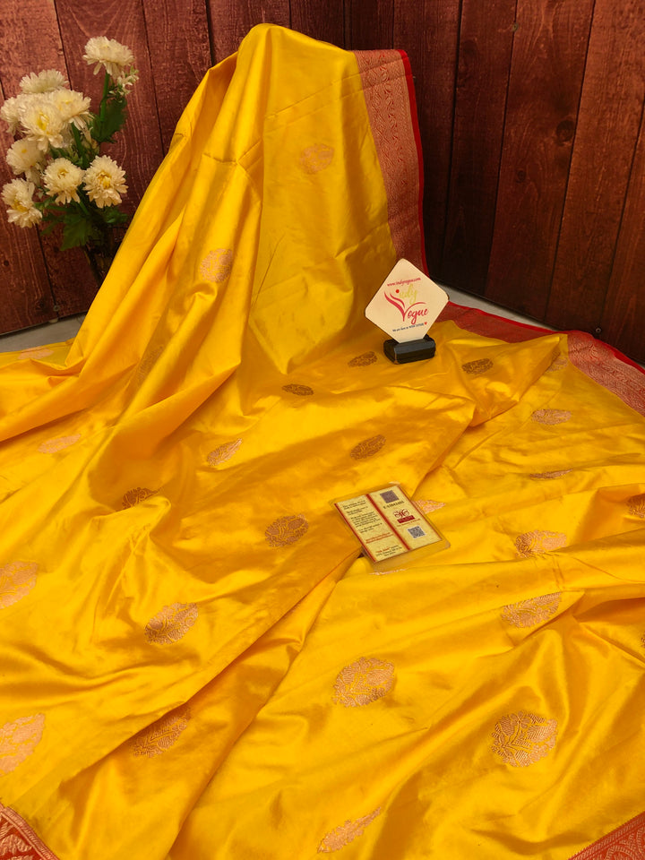 Golden Yellow and Red Color Pure Katan Banarasi Silk Saree
