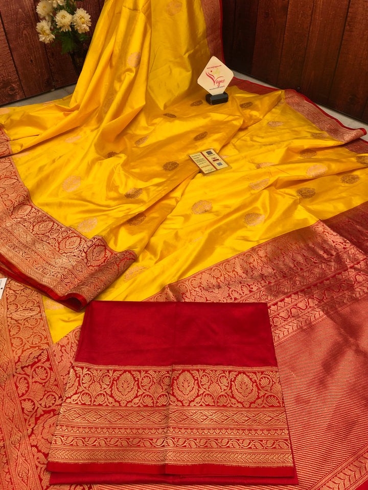 Golden Yellow and Red Color Pure Katan Banarasi Silk Saree