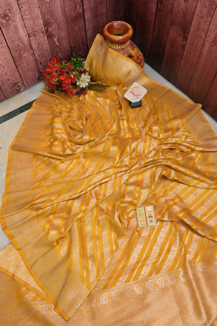 Golden Yellow Color Bangalore Katan Silk Saree with Diagonal Stripes Work