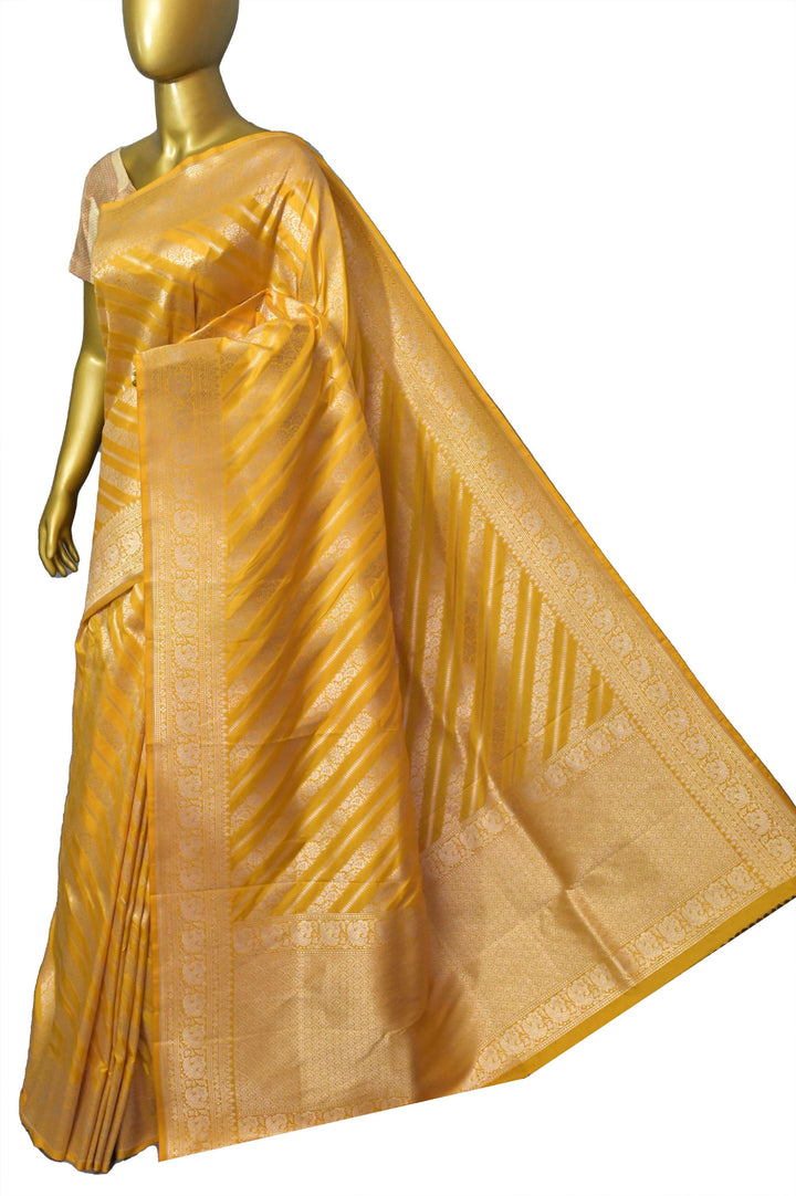 Golden Yellow Color Bangalore Katan Silk Saree with Diagonal Stripes Work
