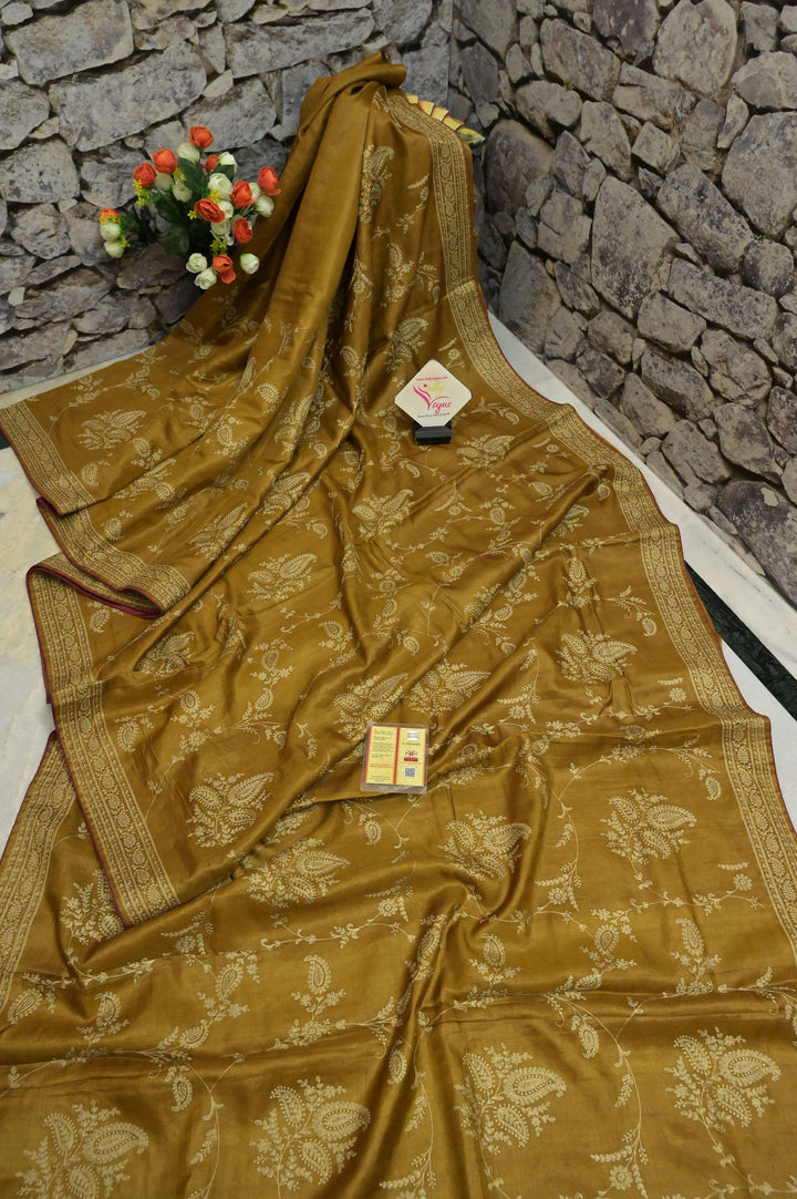 Golden Yellow Color Gachi Tussar Silk Saree with Chikankari and Sequin Work