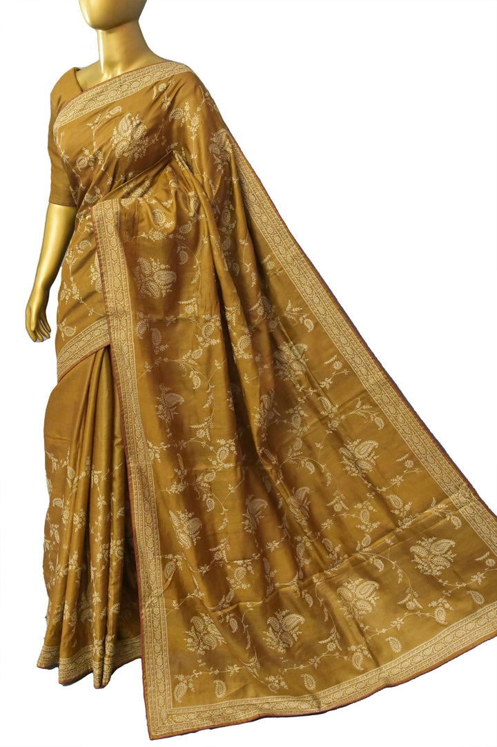 Golden Yellow Color Gachi Tussar Silk Saree with Chikankari and Sequin Work