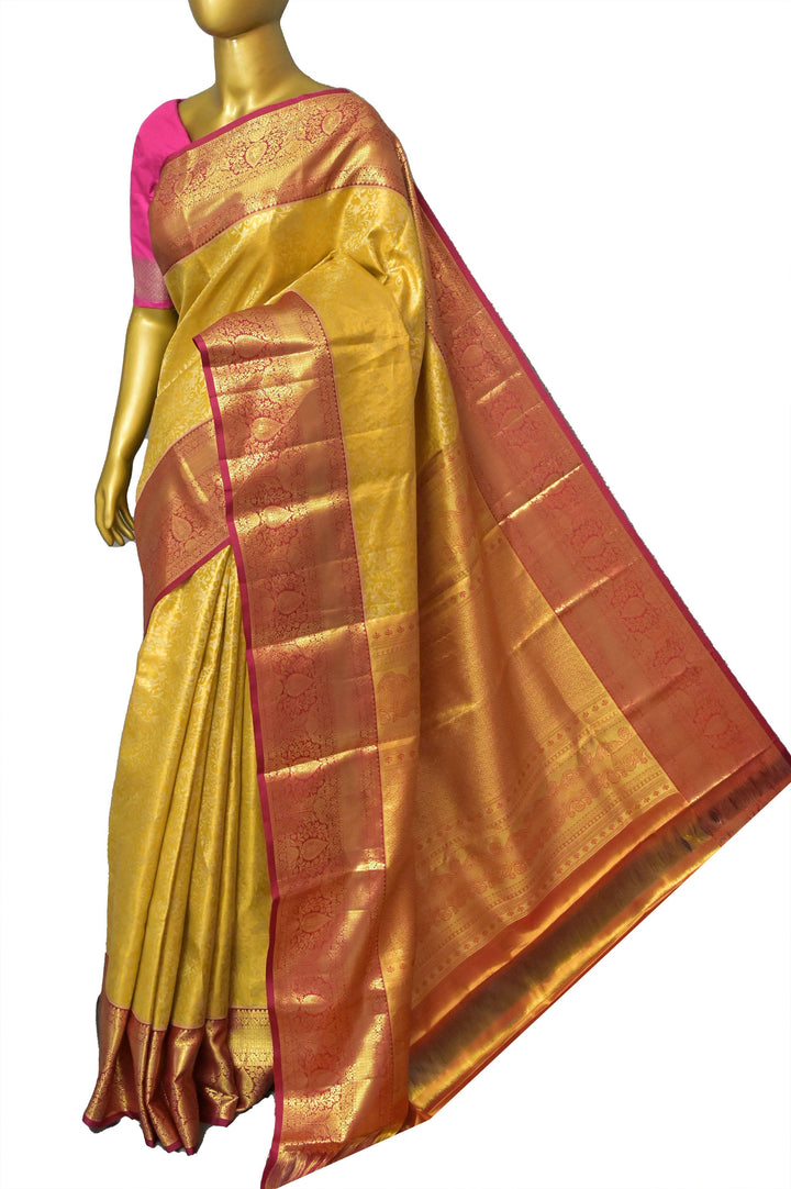 Golden Yellow Color Pure Brocade Kanjeevaram Silk Saree with Broad Border
