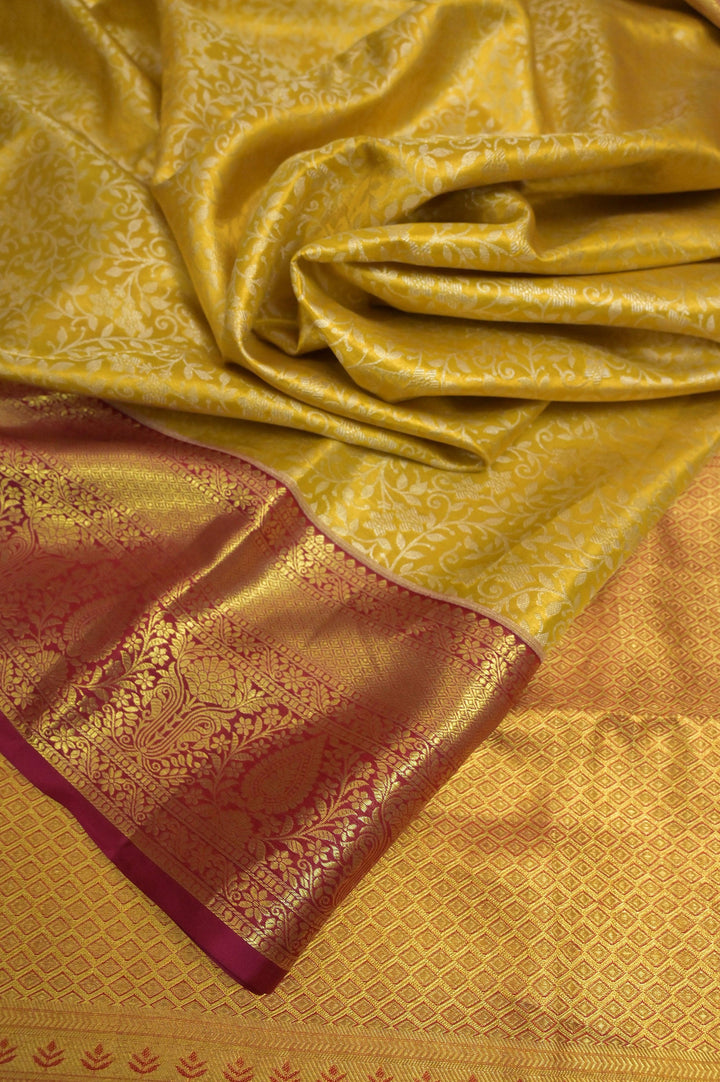 Golden Yellow Color Pure Brocade Kanjeevaram Silk Saree with Broad Border