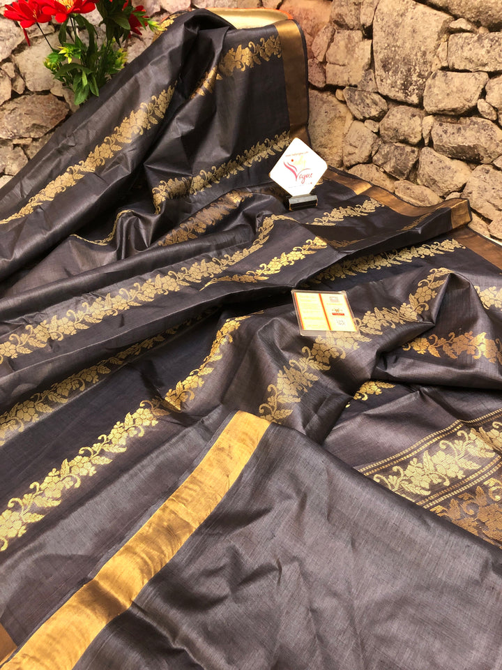 Graphite Color Pure Tussar Silk Saree with Zari Stripe Work