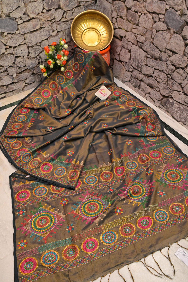Gray and Golden Tissue Cotton Saree with Lambani Embroidery