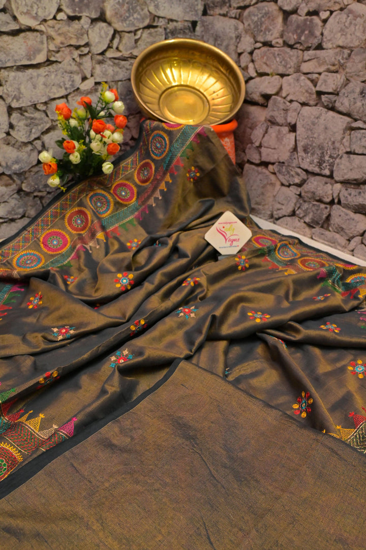 Gray and Golden Tissue Cotton Saree with Lambani Embroidery