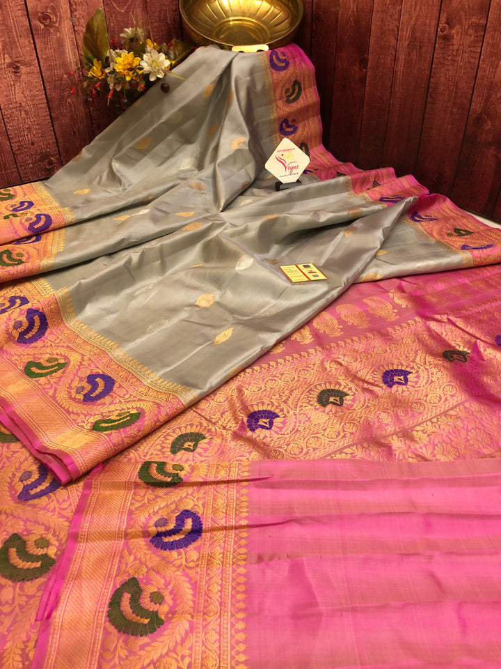 Gray Color Gadwal Silk Saree with Silver & Golden Zari Buti Work with Meenakari Work
