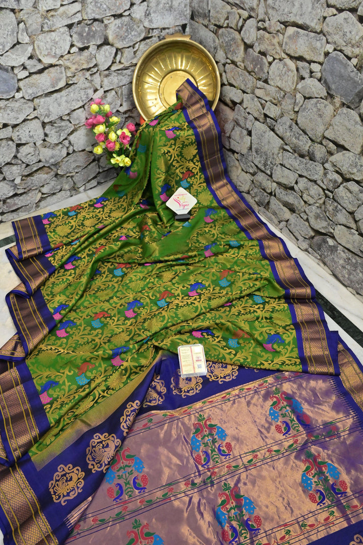Green and Blue Color Pure Brocade Maharani Paithani with Allover Meenakari