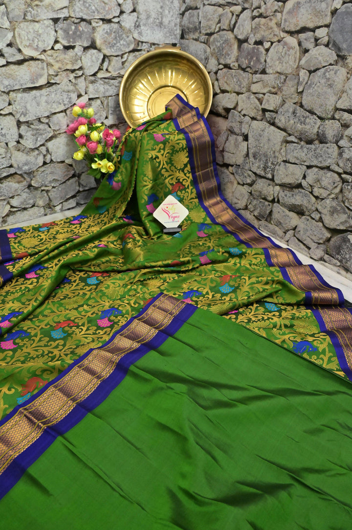 Green and Blue Color Pure Brocade Maharani Paithani with Allover Meenakari