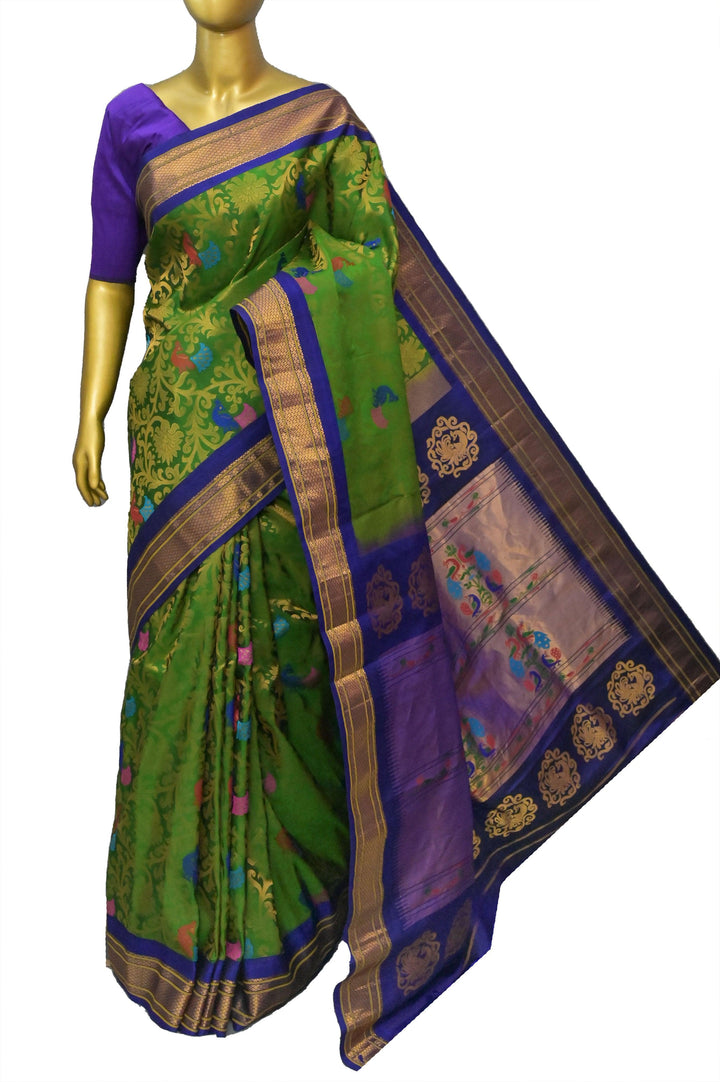 Green and Blue Color Pure Brocade Maharani Paithani with Allover Meenakari