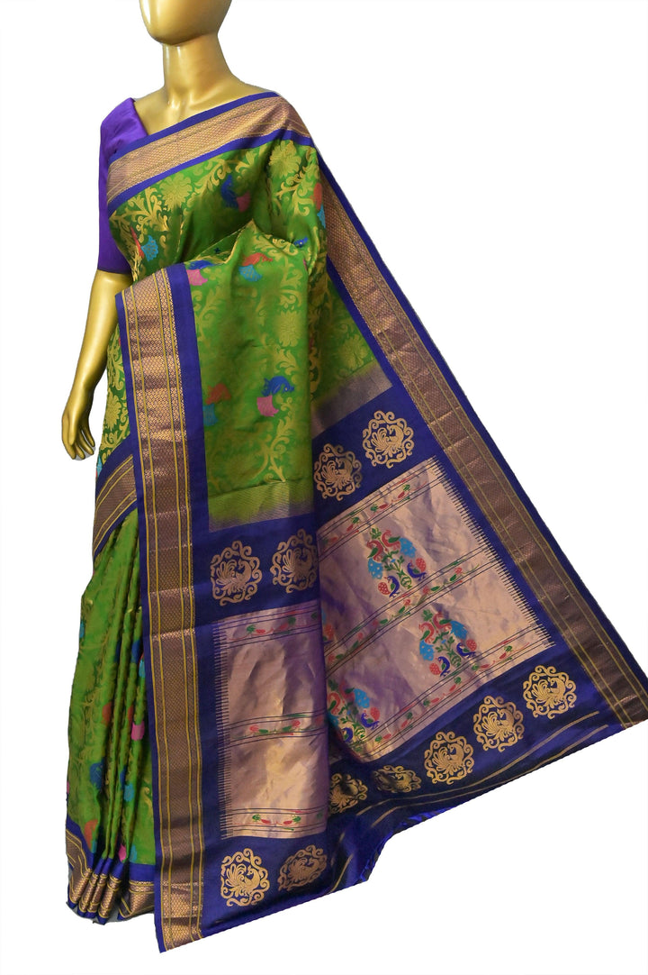 Green and Blue Color Pure Brocade Maharani Paithani with Allover Meenakari