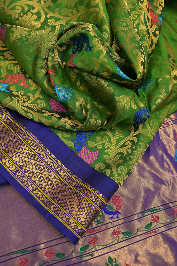Green and Blue Color Pure Brocade Maharani Paithani with Allover Meenakari