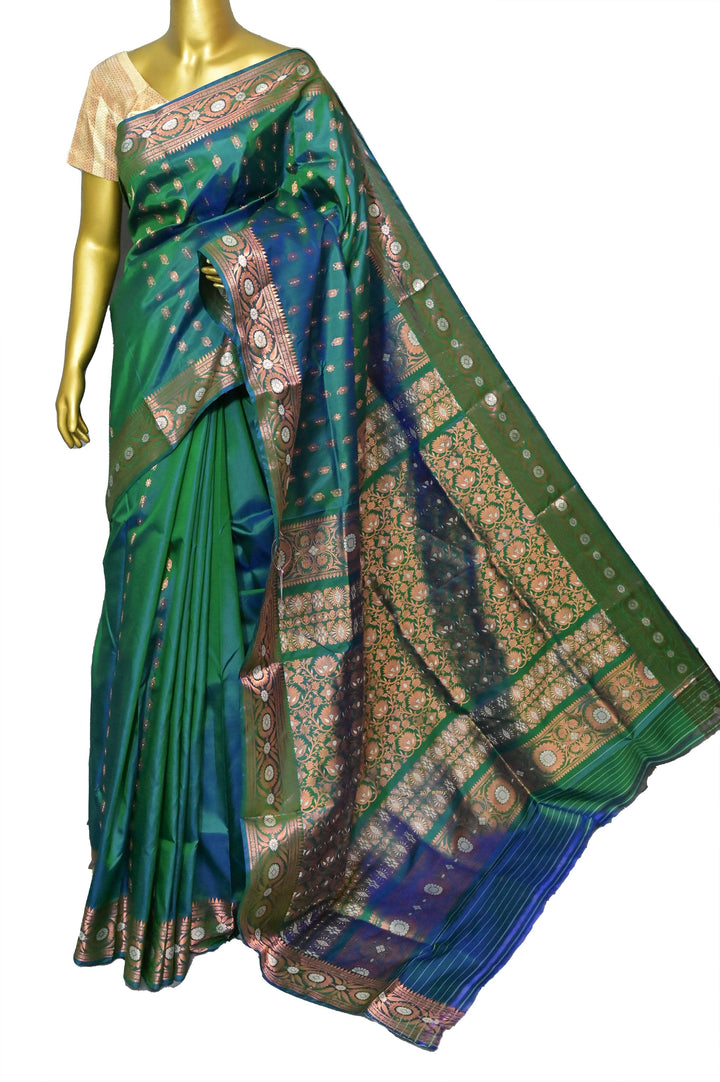 Green and Blue Dual Tone Pure Baluchari Silk with Copper Zari Work