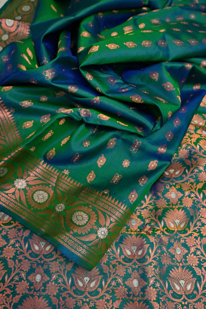 Green and Blue Dual Tone Pure Baluchari Silk with Copper Zari Work