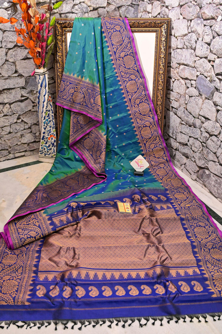 Green and Blue Dual Tone Pure Gadwal Silk Saree with Golden Buti Work