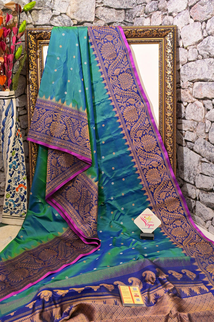 Green and Blue Dual Tone Pure Gadwal Silk Saree with Golden Buti Work