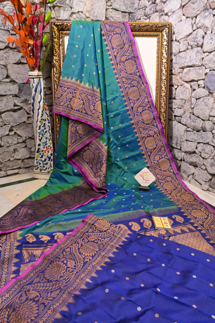 Green and Blue Dual Tone Pure Gadwal Silk Saree with Golden Buti Work
