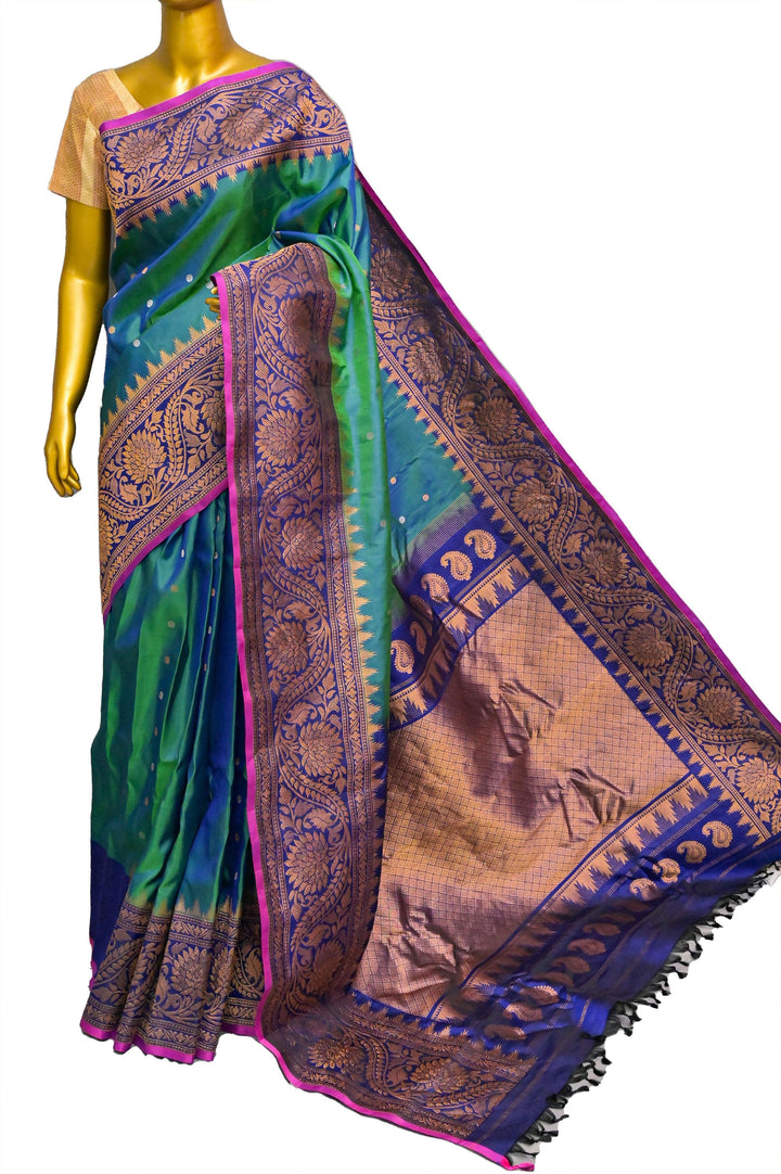 Green and Blue Dual Tone Pure Gadwal Silk Saree with Golden Buti Work
