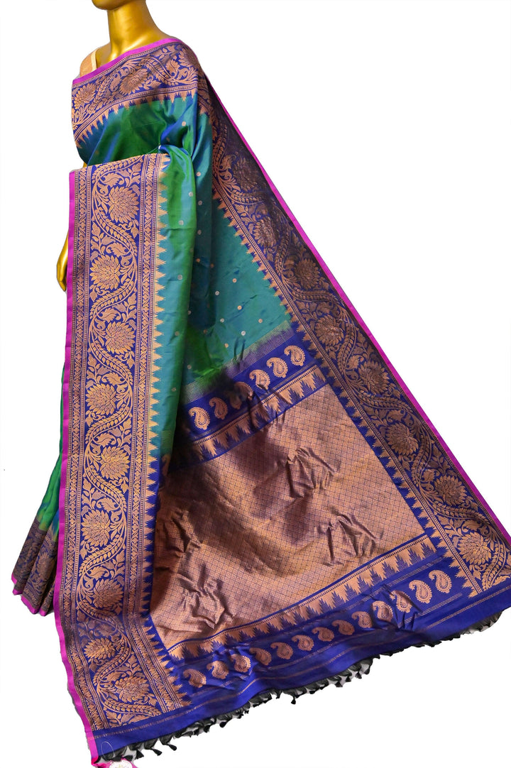 Green and Blue Dual Tone Pure Gadwal Silk Saree with Golden Buti Work
