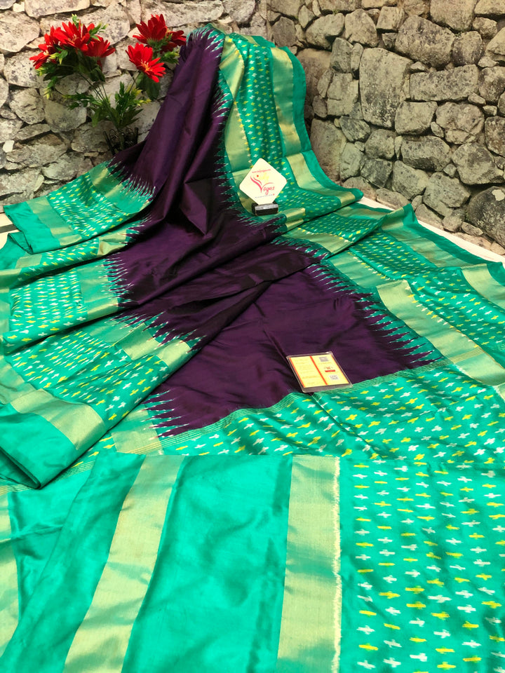 Green and Purple Color Pure Ikat Silk Saree