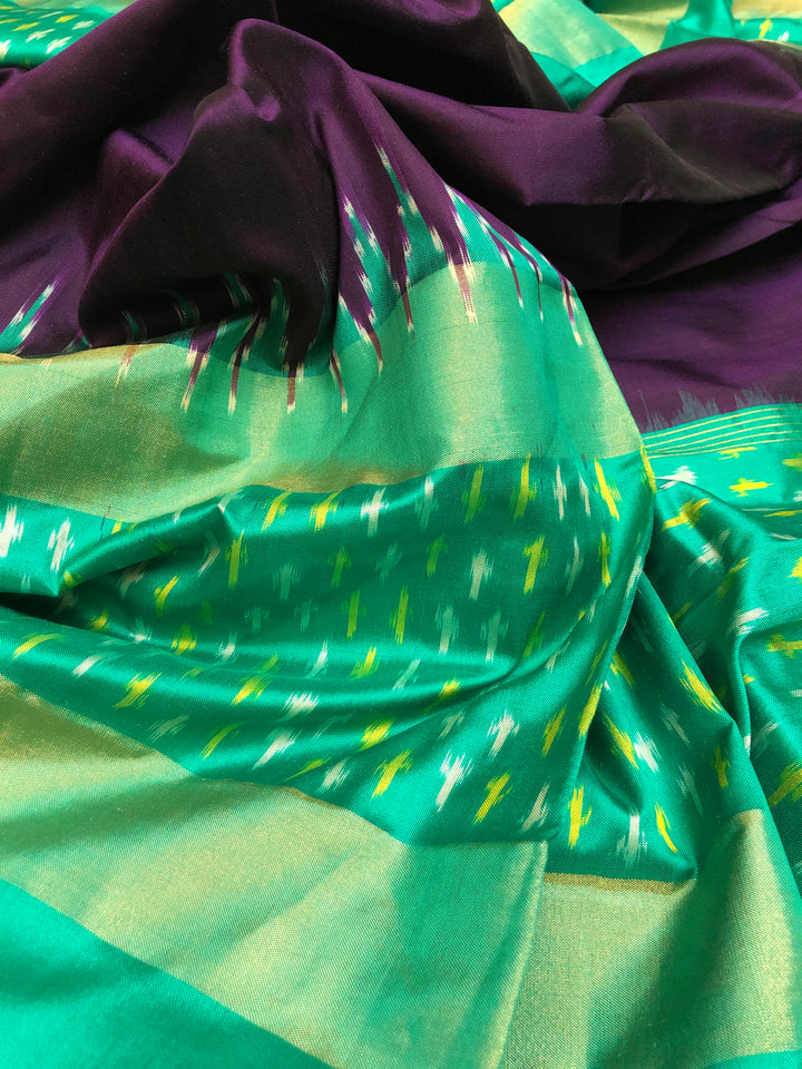 Green and Purple Color Pure Ikat Silk Saree