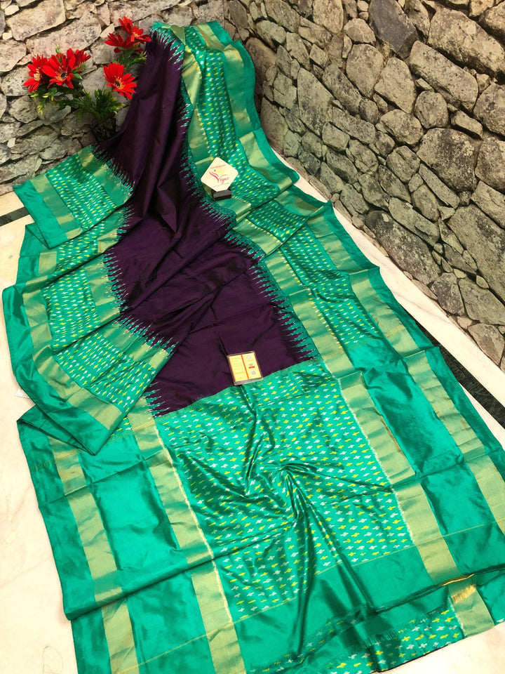 Green and Purple Color Pure Ikat Silk Saree