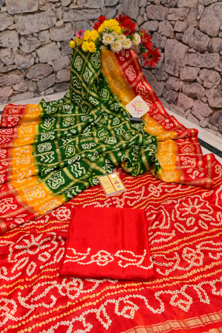 Green and Red Color Pure Ghazi Silk Gharchola Saree with Hand Bandhani Work
