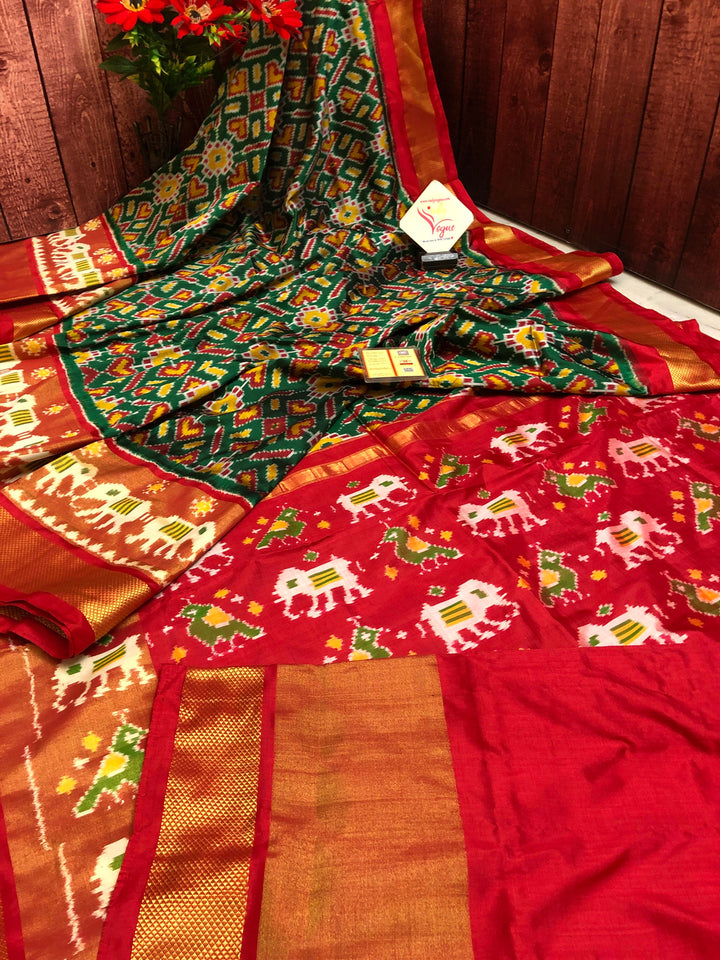 Green and Red Color Pure Ikat Patola Silk Saree