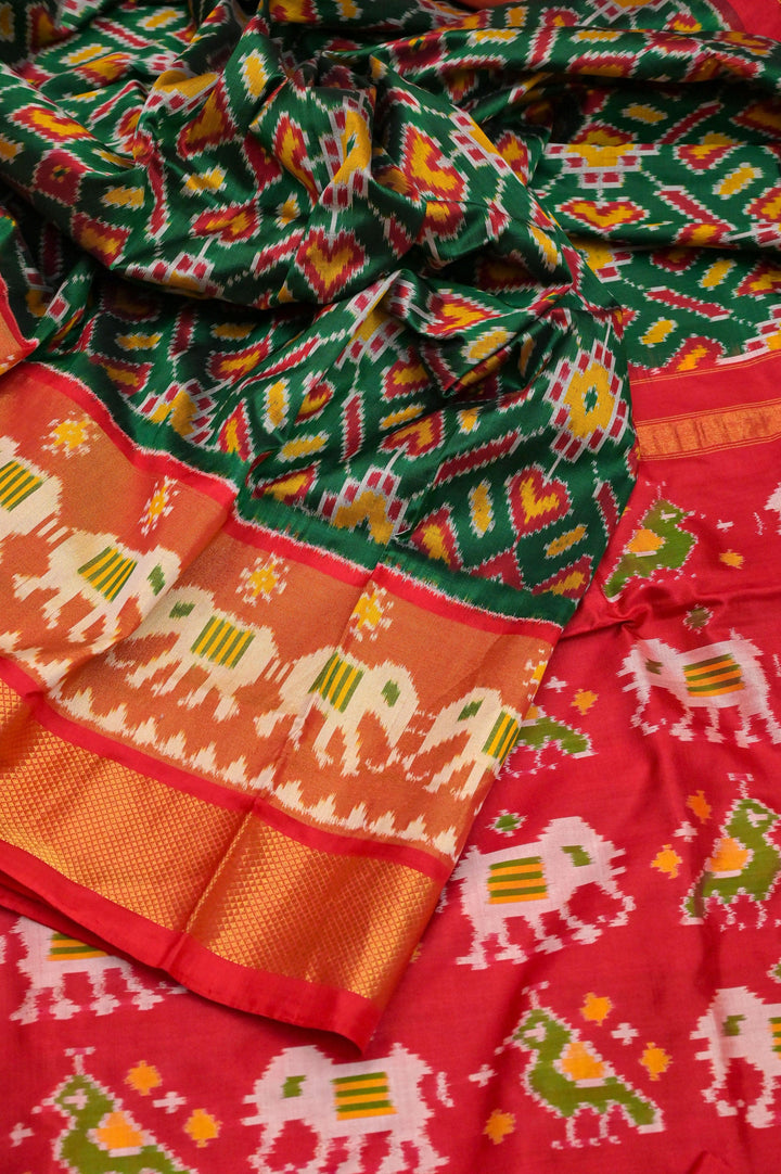 Green and Red Color Pure Ikat Patola Silk Saree