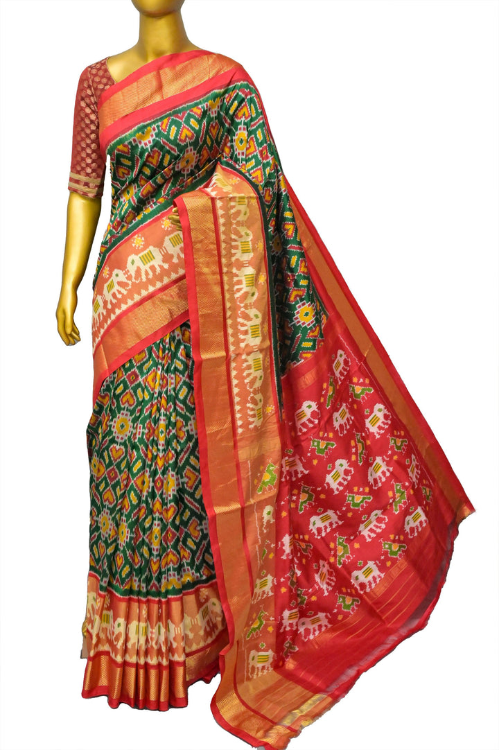 Green and Red Color Pure Ikat Patola Silk Saree