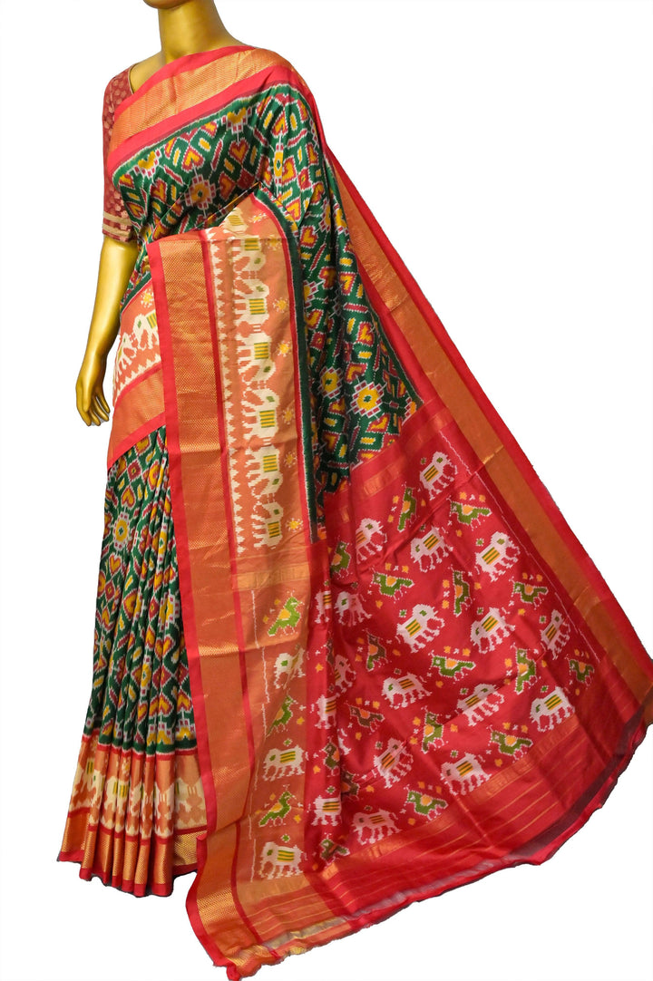 Green and Red Color Pure Ikat Patola Silk Saree