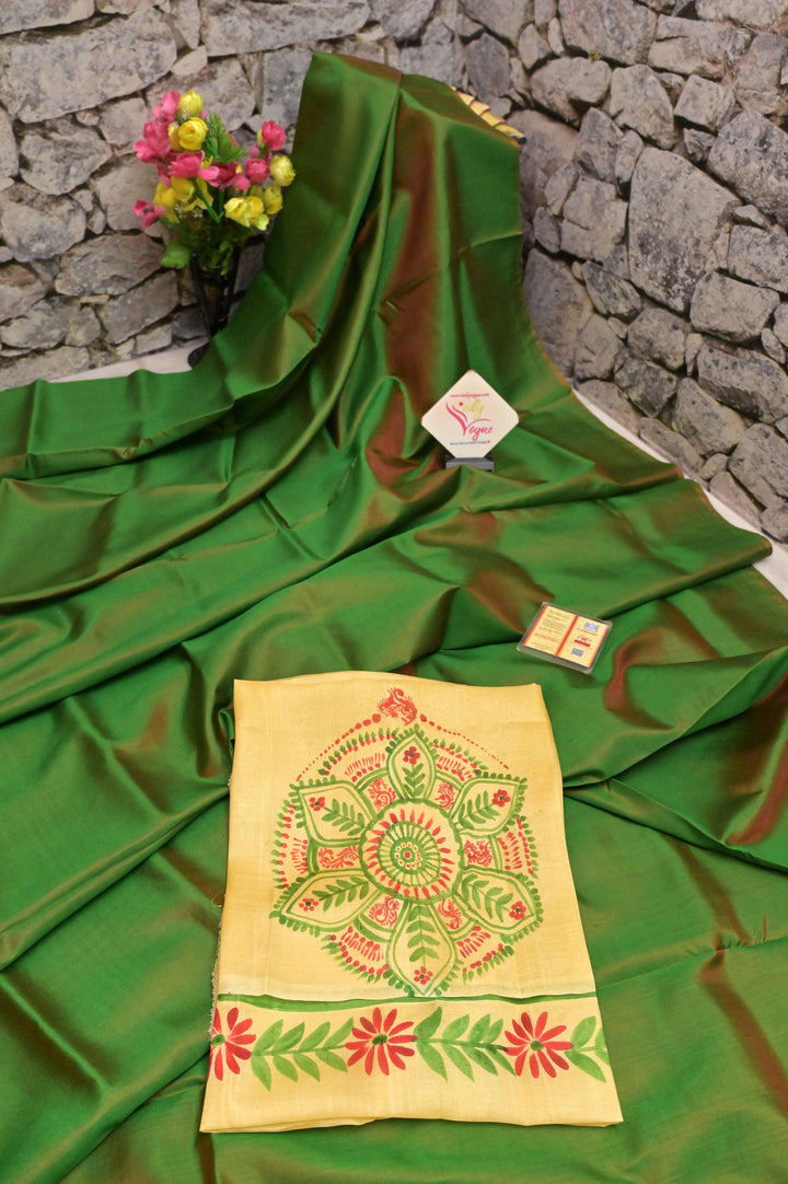 Green and Rust Color Dual Tone Bishnupur Katan Silk Saree with Hand-Painted Blouse Piece