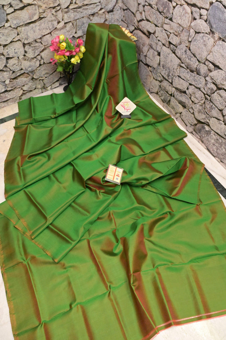 Green and Rust Color Dual Tone Bishnupur Katan Silk Saree with Hand-Painted Blouse Piece